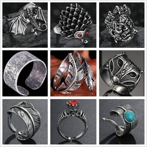 Men Women Punk Cool Wings Flying Dragon Ring Biker Rock Fox/Skull/Feather Animal Resizable Ring Wholesale Price New Design