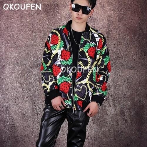 Personality Mens Fashion Collar Casual jacket Loose printed hip hop baseball uniform tide Stage show performance coat