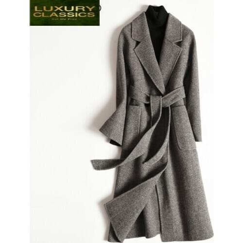 Jacket Women Clothes Winter 2021 Autumn Spring Wool Coats Female Long Sided Woolen Overcoat Belt Korean Outwear LWL1398
