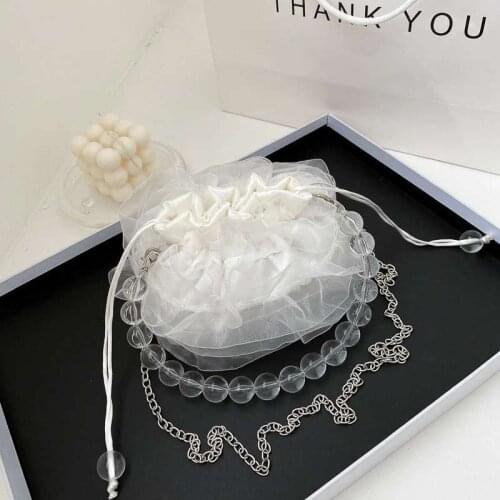 Fashion White Gauze Bucket Bag Pearl Chain Small Bag Women Handbag Drawstring Pocket Shoulder Bag Female Crossbody Handbag Pouch