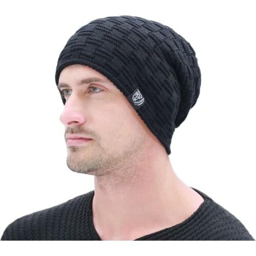 Fashion Cloth Label Skullies Beanies Men Winter Plus Velvet Thick Hats Warm Knitted Caps For Men Casual Bonnet High Quality