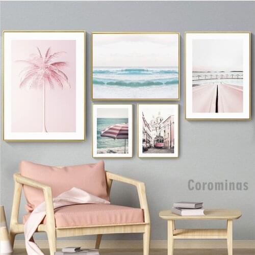 Pink Poster Nordic Seascape Tree Canvas Paintings Beach Prints Scandinavian Wall Art Pictures for Living Room Room Decoration