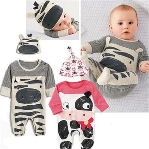 2019 New Baby Boy Gril Clothes Set Baby Zebra Gray Cow Cotton Long-Sleeved Jumpsuit Newborn Rompers+Hat Baby Clothing Set