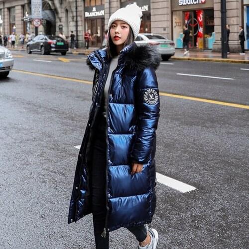 Womens Winter New Fur Collar Hooded Long Over-The-Knee Coat Pu Bright Skin Is Thin Korean Down Parker Cotton Woman Jacket