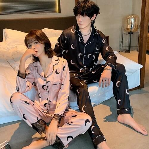 SLPBELY Couple Pajamas Set Nightwear Spring Faux Silk Satin Moon Prined Long Sleeve Men Women Pyjamas Lovers Sleepwear Home Suit