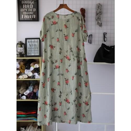 Cotton Linen Print Women Dress Floral 2021 Summer Loose Short Sleeve A line Casual A line Women Robe YoYiKamomo