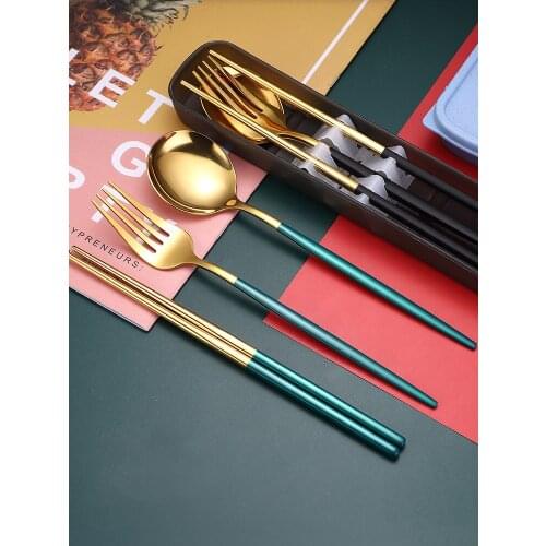 Stainless Steel Portable Tableware Student Tableware Travel Lunch Box Three-Piece Fork Chopsticks Set Wheat Straw student Set