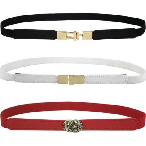 Markdown Sale Black Red White Skinny Thin PU Belt For Women Leather Waistband Female Gold Buckle Women Elastic Belts 65*1.5cm