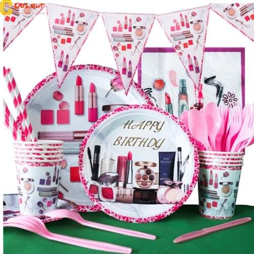 SPA Makeup Birthday Party Supplies Makeup Disposable Tableware with Plates Cups Napkins Balloons More for Girls Party Decoration