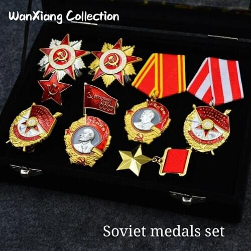 Top quality CCCP Soviet red star red flag gold star medal RU medals set cockade hat badge with box