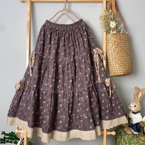2021 New Spring Summer Print Skirt Japan Style Mori Girl Lacing Big Hem Loose A-line Skirt Women