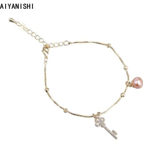 AIYANISHI 18K Gold Filled Natural Freshwater Pearl Bracelets For Woman Key Charm Bracelets Wedding Engagement Party Jewelry Gift