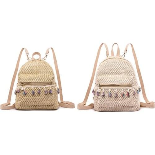 Women Backpack Teen Girls Summer Beach Straw Weave Tassel Backpackk Female Casual Shoulder School Bag