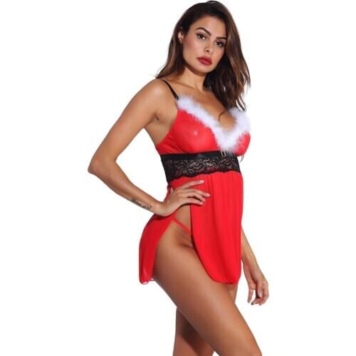 Women Christmas Sling Nightwear Lingerie Plush Nightdress Deep V-Neck See-Through Backless High-Waist Split Mini Dress