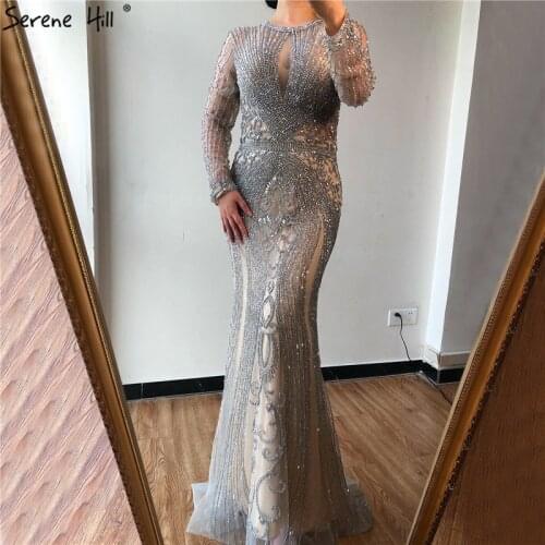 Serene Hill Grey Luxury Full Beaded Mermaid Evening Gown 2021 O-Neck Long Sleeves For Women Formal Party Dress CLA70116