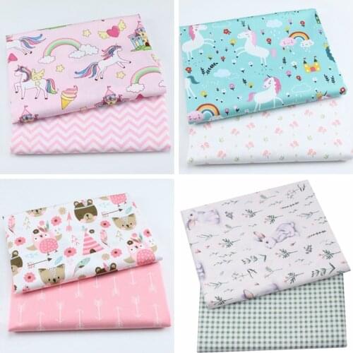2PCS Unicorn, Floral 100% Cotton Printed Fabric For Making Clothes Sewing Bed Sheet Patchwork Cloth DIY Fabrics For Baby Child