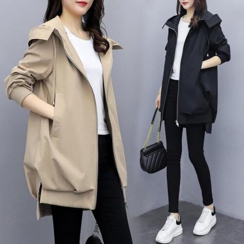 2021 New Autumn Windbreaker Women Coat Loose Casual Hooded Lining Trench Coat Women Long Sleeve Casual Coat Plus Size Outerwear