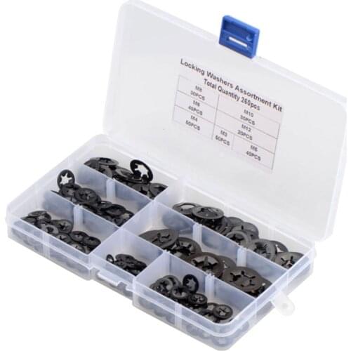 260PCS/Set Metal Starlock Push-on Locking Washer Fastener Star Nut Assorted Kit