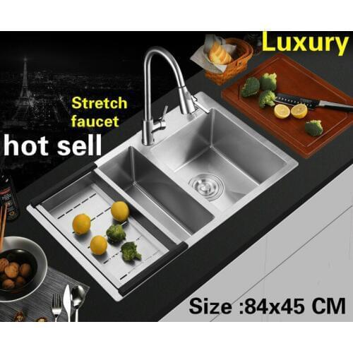 Free shipping Apartment big kitchen manual sink double groove stretch faucet 304 stainless steel hot sell 840x450 MM