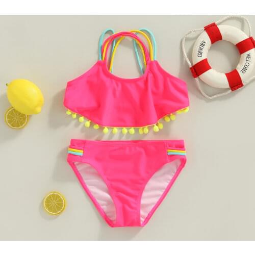 2021 Summer New Children Split Swimsuit Set Girls Sleeveless Backless O-Neck Bikini With Ball Tassel + Summer Bikini Panty Set