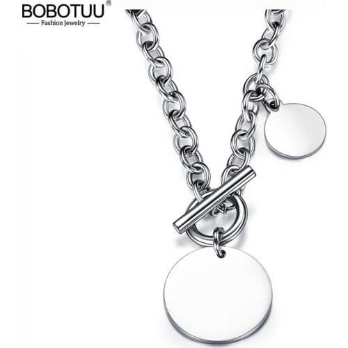 BOBOTUU Hiphop/Rock Titanium Stainless Steel Glossy Round Tag Charm Pendant Necklaces Jewelry Punk Chain Link OT Buckle BN17085