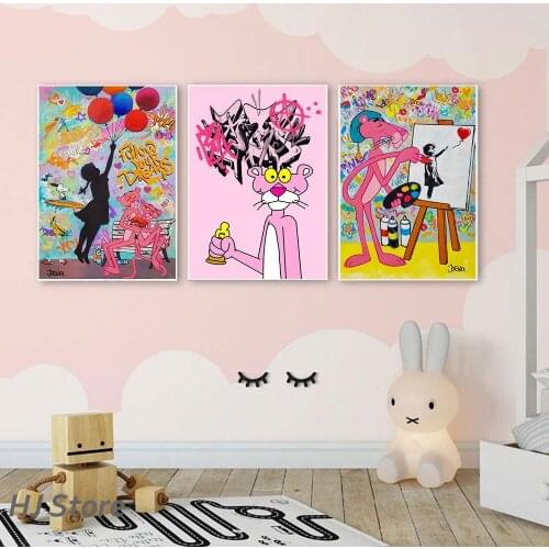 Disney Cartoon Pink Funny Panther Steet Art Canvas Painting Graffiti Prints Inspirational Pictures for Wall Room Home Decoration
