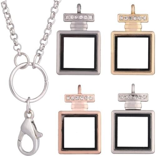 10pcs/lot Perfume bottle Plain Square Open Photo Memory Alloy Magnetic Glass floating charms Locket necklace Free 60cm Chain