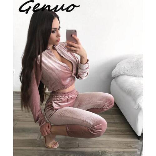 Genuo New Velvet Tracksuits Casual Two Piece Sets Long Sleeve Crop Top Long Pants 2 Pieces Sets Womens Outfits Velour Tracksuit