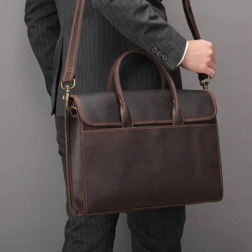 Luufan Genuine Leather Men Briefcase 14" Laptop Business Handbag Real Leather Retro Briefcase Bag Crossbody Bag For Male Brown