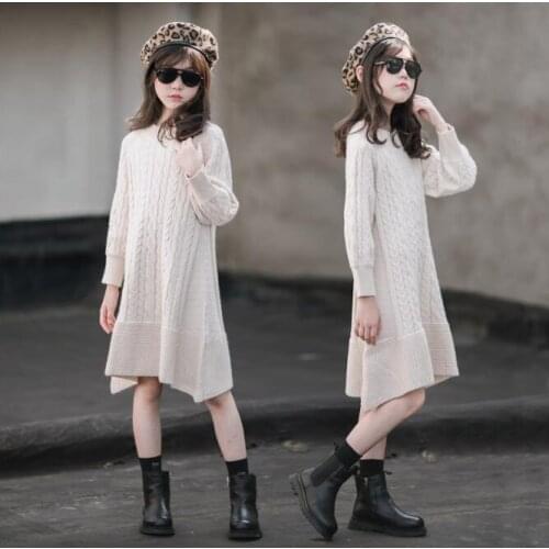 Fashion Teenage Girls Sweater Dress Solid Long Sleeve Pullover Knee Length Straight Knit Dresses Children Twist Cross Dress