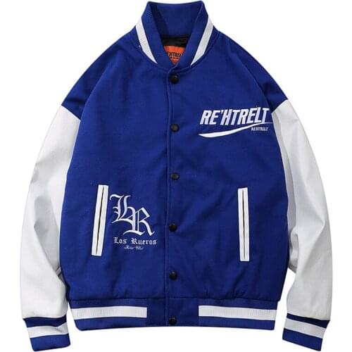 Mens Letter Embroidery Baseball Jackets Color Block Vintage Harajuku Bomber Jacket 2021 Spring Oversized V-neck Coats Streetwear