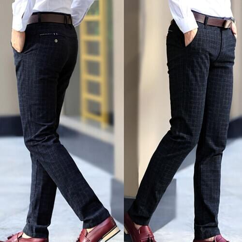 Men Suit Pants Autumn Winter Slim Dress Pants Straight Style Smart Suit Pants Plaid Pocket Long Slim Trousers Office Dress Pants