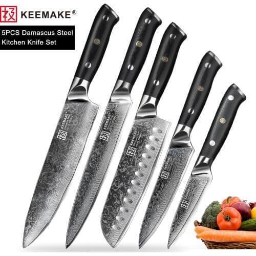 KEEMAKE 5PCS Kitchen Knives Set Slicer Utility Chef Paring Knife Japanese Damascus VG10 Steel Core Cutting Tools G10+S/S Handle