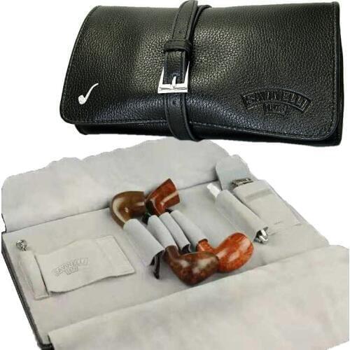 Genuine Leather Large Capacity Smoking Tobacco Pipe Bag Accommodate 4 Pipes Black Cowhide Tamper Filter Tool Accessories