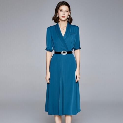 2020 New Summer Dress Long High-Waisted Commuter Suit Lapel Waistband Jade Silk Expansion Skirt Sashes Mid-Calf Women Dress