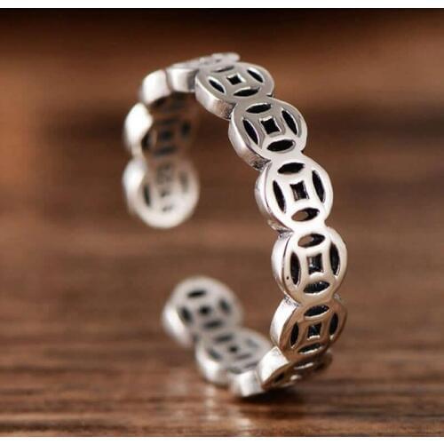 New S925 Silver Ring Women Carved Coin Ring Open Size