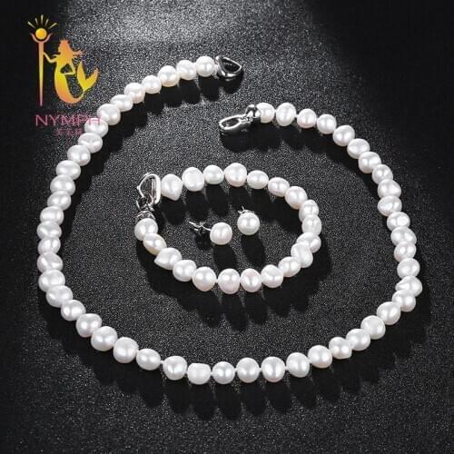 NYMPH FreshWater Pearl Jewelry Set For Women Natural Baroque White Stone Beads Choker Necklace Earrings Bracelet Party [T207]