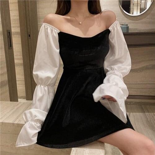 Autumn and winter 2021 new velvet stitching puff sleeve black dress with square collar sweet waist waist and thin style dress