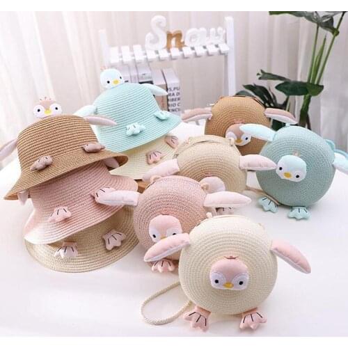 Cute Girls Straw Hat Sun Hat Should Bag Set Handbag For Tour Summer Kid Princess Bow Beach Hats For Party Outdoor