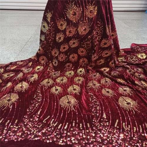 High Quality African Sequins velvet Lace Fabric French Net Embroidery Tulle Lace Fabric red For Nigerian Wedding Party Dress