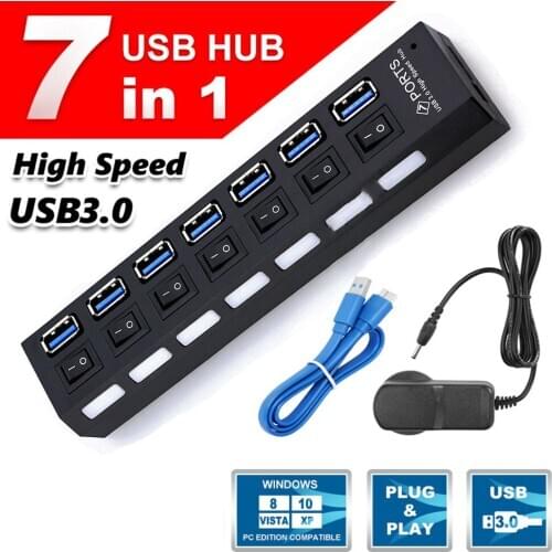 High Speed 7-Ports Expander USB 3.0 Hub Multi USB 3 2.0 Hab Splitter AC Power Adapter On/Off Switch Computer Accessories Hub