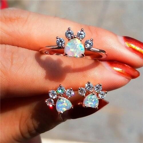 Female Cute Cat Paw Bridal Set White Opal Heart Stone Ring Stud Earrings For Women Vintage Fashion Rose Gold Animal Jewelry Sets