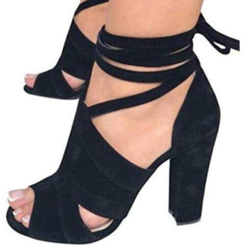 202womens summer sandals square heel Shoes High Heels Side Empty Ankle Cross Straps Open Toe Sandals sandalias Size 34-43