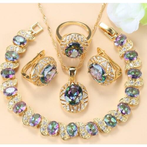 2021 New Arrival Gold-Color Wedding Ring Jewelry Sets Rainbow Stone Charm Bracelet Necklace Sets African Women Accessories