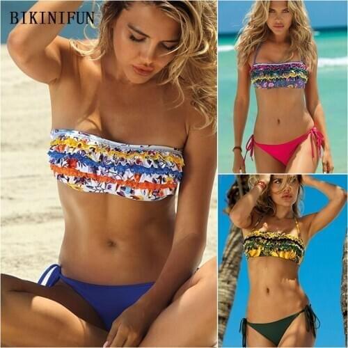 2020 New Sexy Flouncy Bralette Swimsuit Women Floral Print Swimwear Strapless Bandeau Beachwear S-XL Girl Low Waist Bikini Set