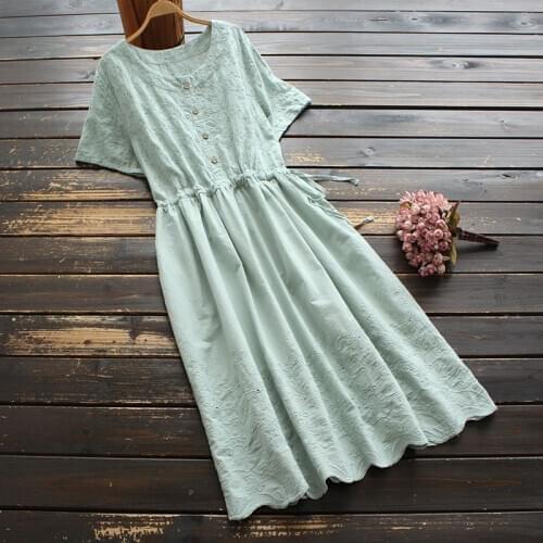 7983 New Summer Women Dresses Mori Girl Literary Solid Color Cotton Embroidered O-Neck Short Sleeve A-Line Dress Women