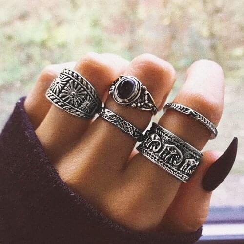 5PCS/Set Vintage Rings For Womens Circle Bohemian Totem Black Gem Finger Knuckle Hoop Alloy Geometry Fashion Jewelry Wholesale