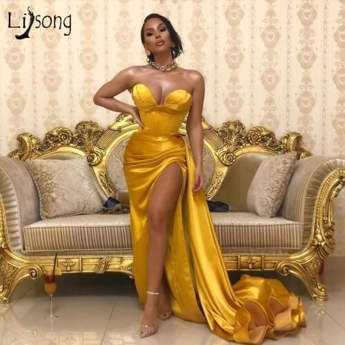 Abendkleider 2021 Gold Sexy Split Prom Dresses Sweetheart Off The Shoulder Long Prom Gowns Party Dresses