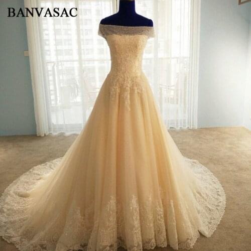 BANVASAC Real Photos Boat Neck A Line Lace Appliques Wedding Dresses 2018 Short Cap Sleeve Plus Size Court Train Bridal Gowns