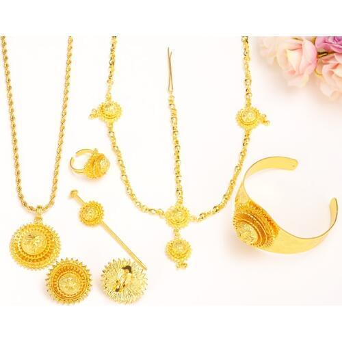 Big Ethiopian womeJewelry set Gold color Hair Pice/Pendant Chain/Earing/Ring/Hair pin/Bangle Eritrea Africa Habesha Wedding item
